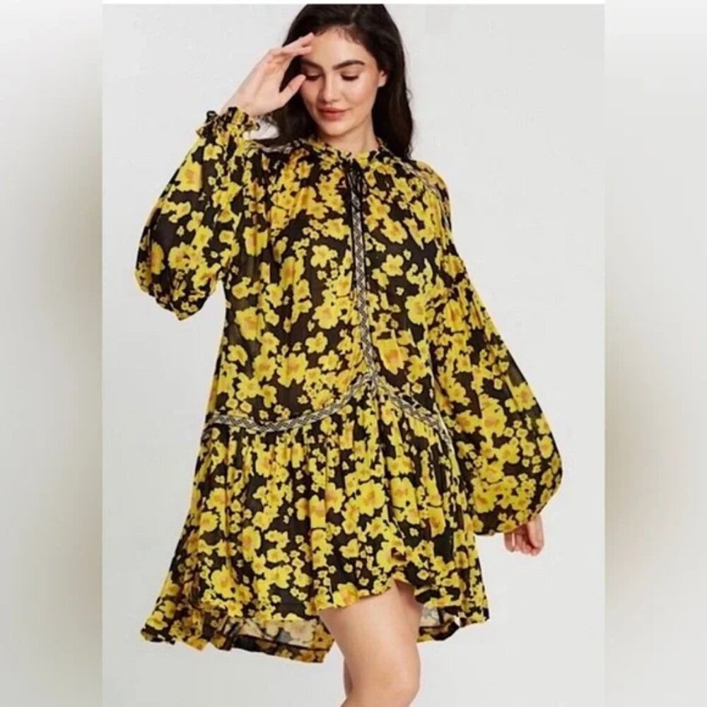 Free People Love Letter Floral Tunic Blouse – Black & Yellow  - Medium